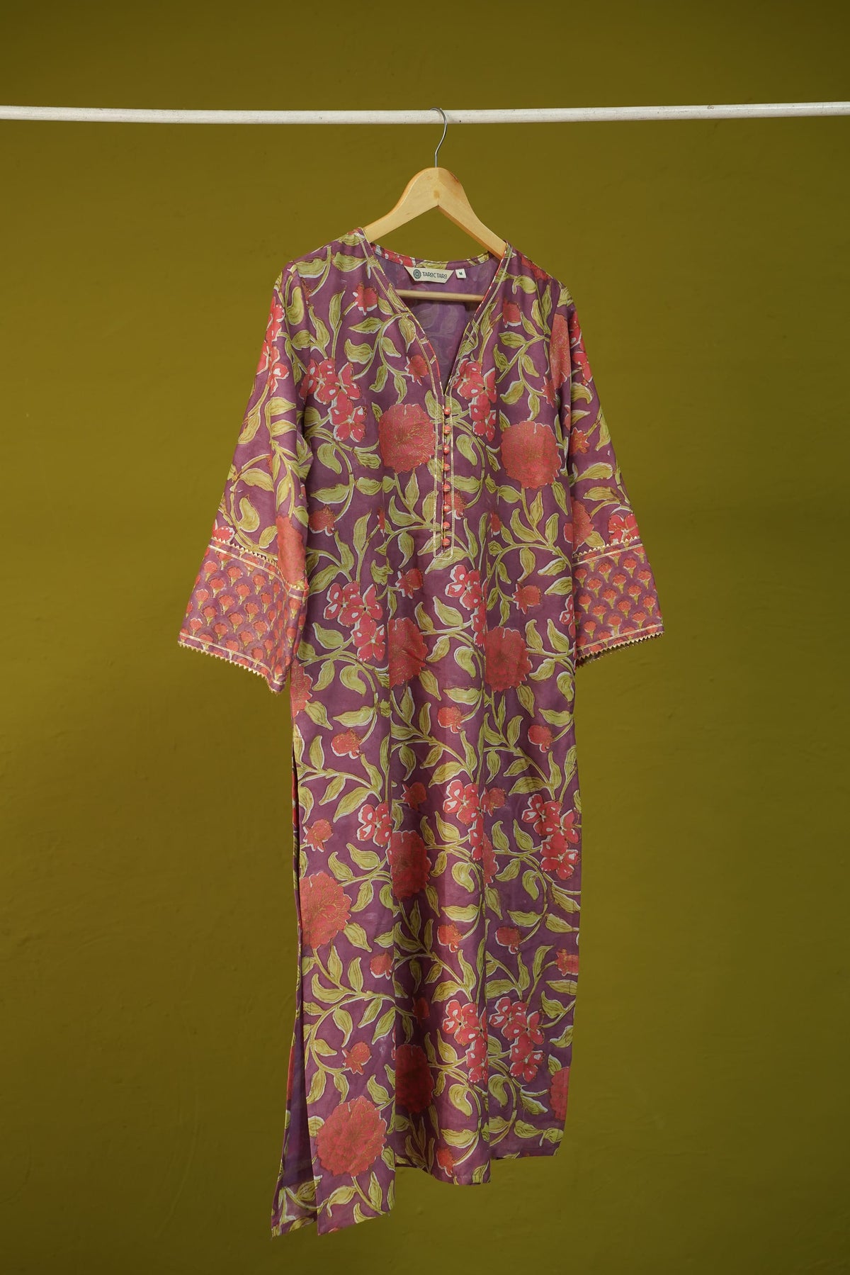 Mauve Purple Floral Hand Block Printed Chanderi Silk Kurta