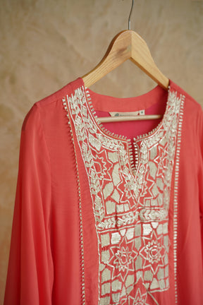 Coral Geometic Gota Embriodered Cotton Silk Long Kurta