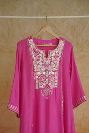 Fuchsia Pink Geometic Gota Embriodered Cotton Silk Long Kurta