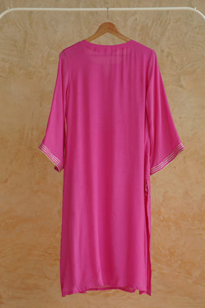 Fuchsia Pink Geometic Gota Embriodered Cotton Silk Long Kurta