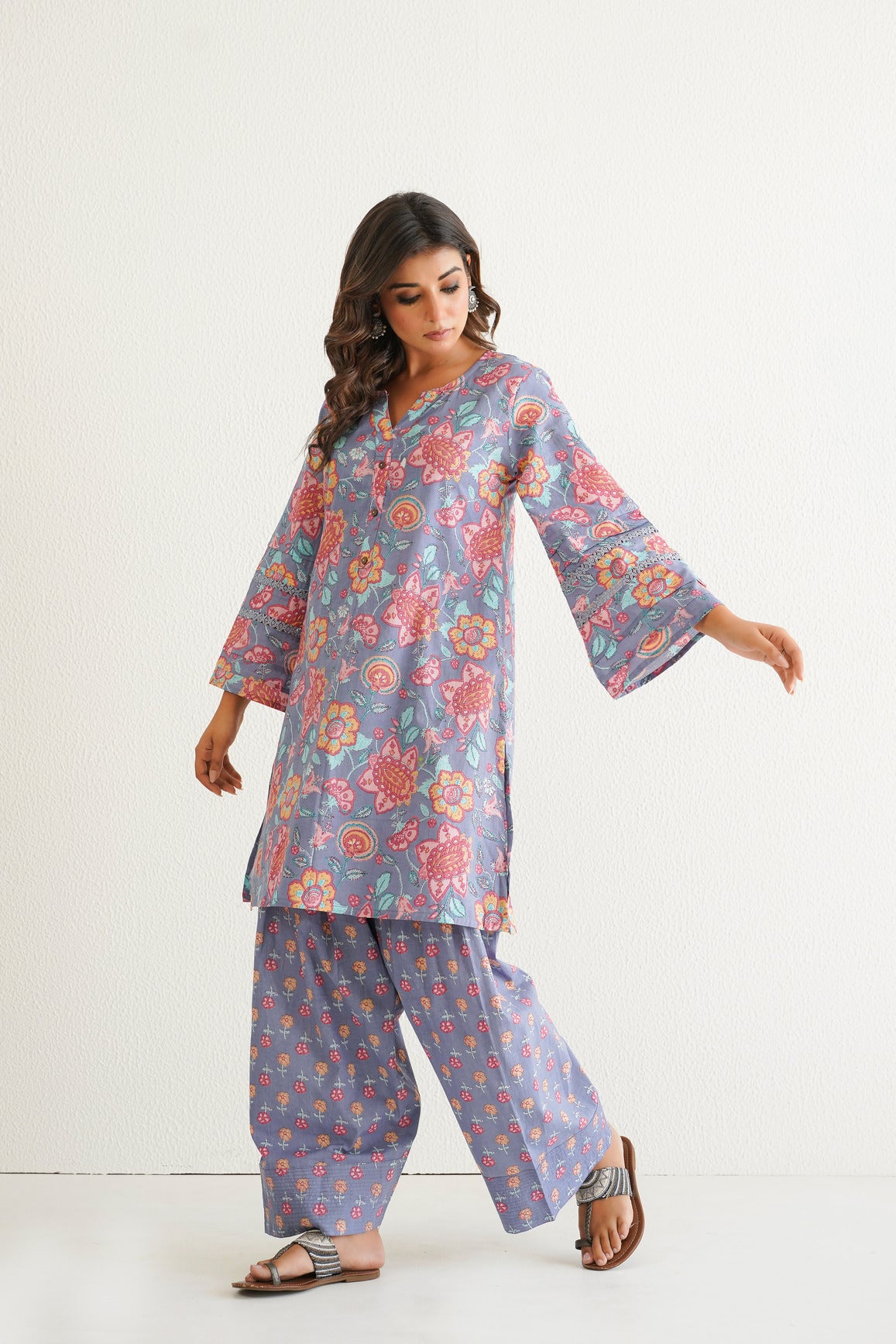 Dusty Mauve Cotton Floral Farshi Salwar Coord Set