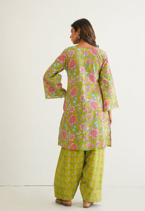 Green Cotton Floral Farshi Salwar Coord Set
