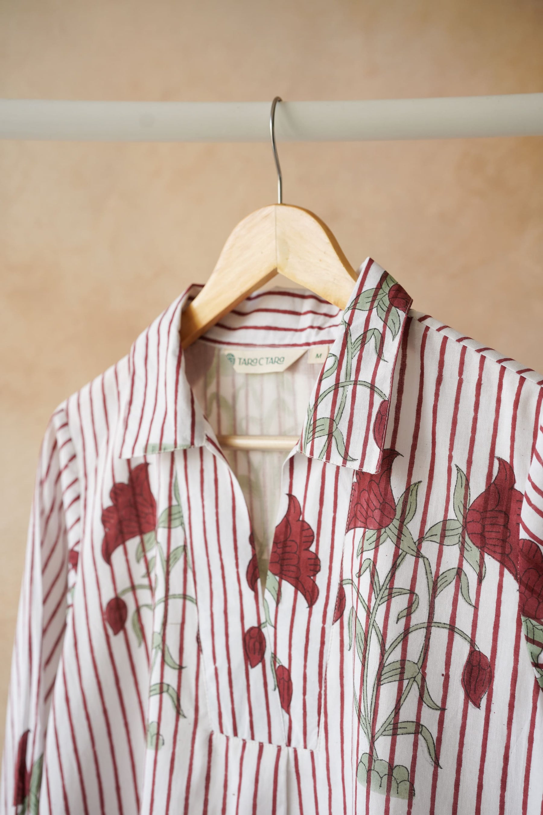 White Stripe & Red Rose Block Print Shirt Kurta