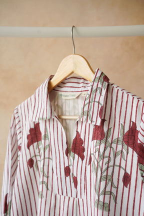 White Stripe & Red Rose Block Print Shirt Kurta