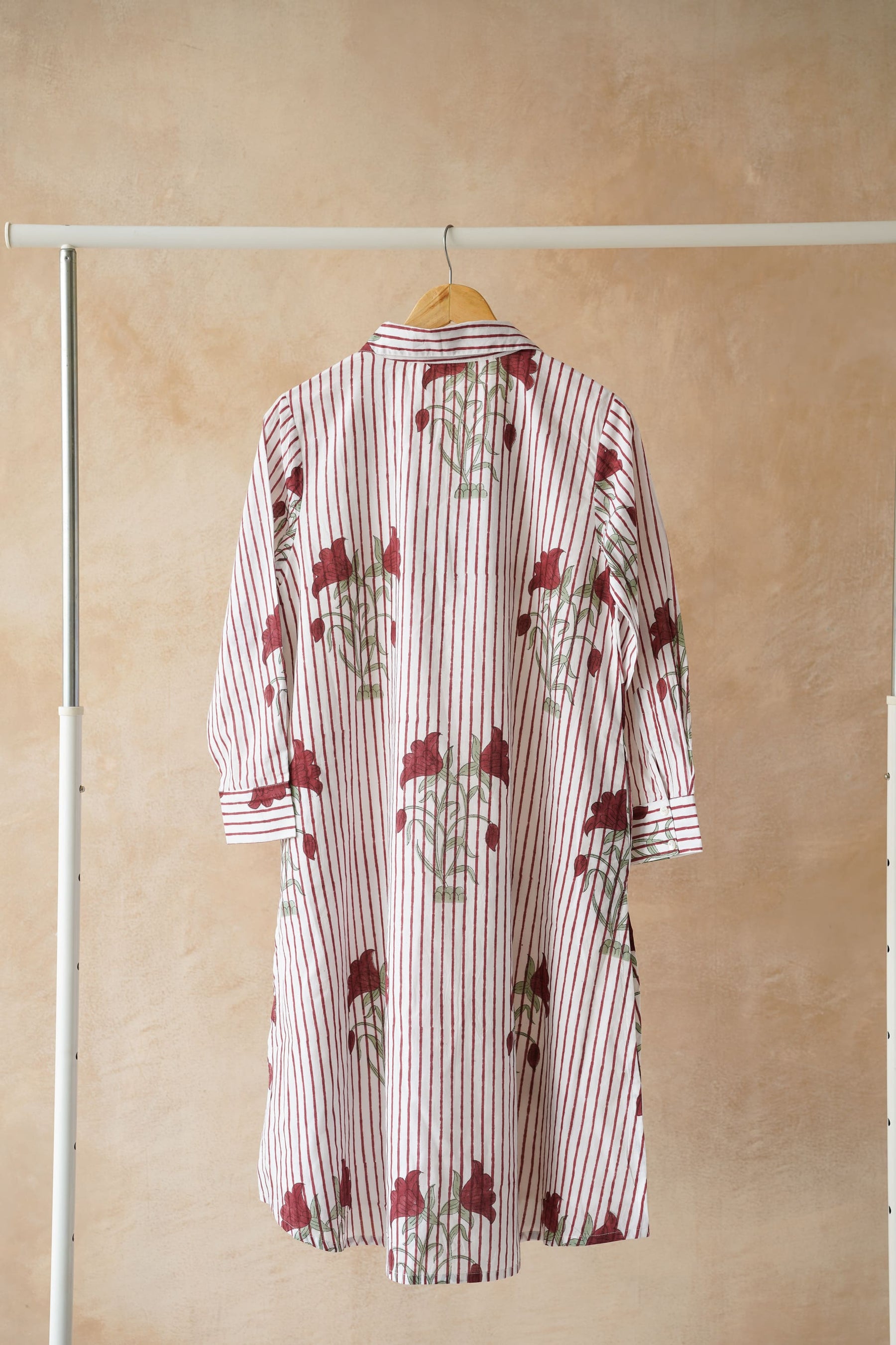White Stripe & Red Rose Block Print Shirt Kurta