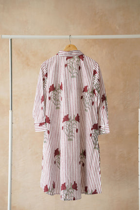 White Stripe & Red Rose Block Print Shirt Kurta