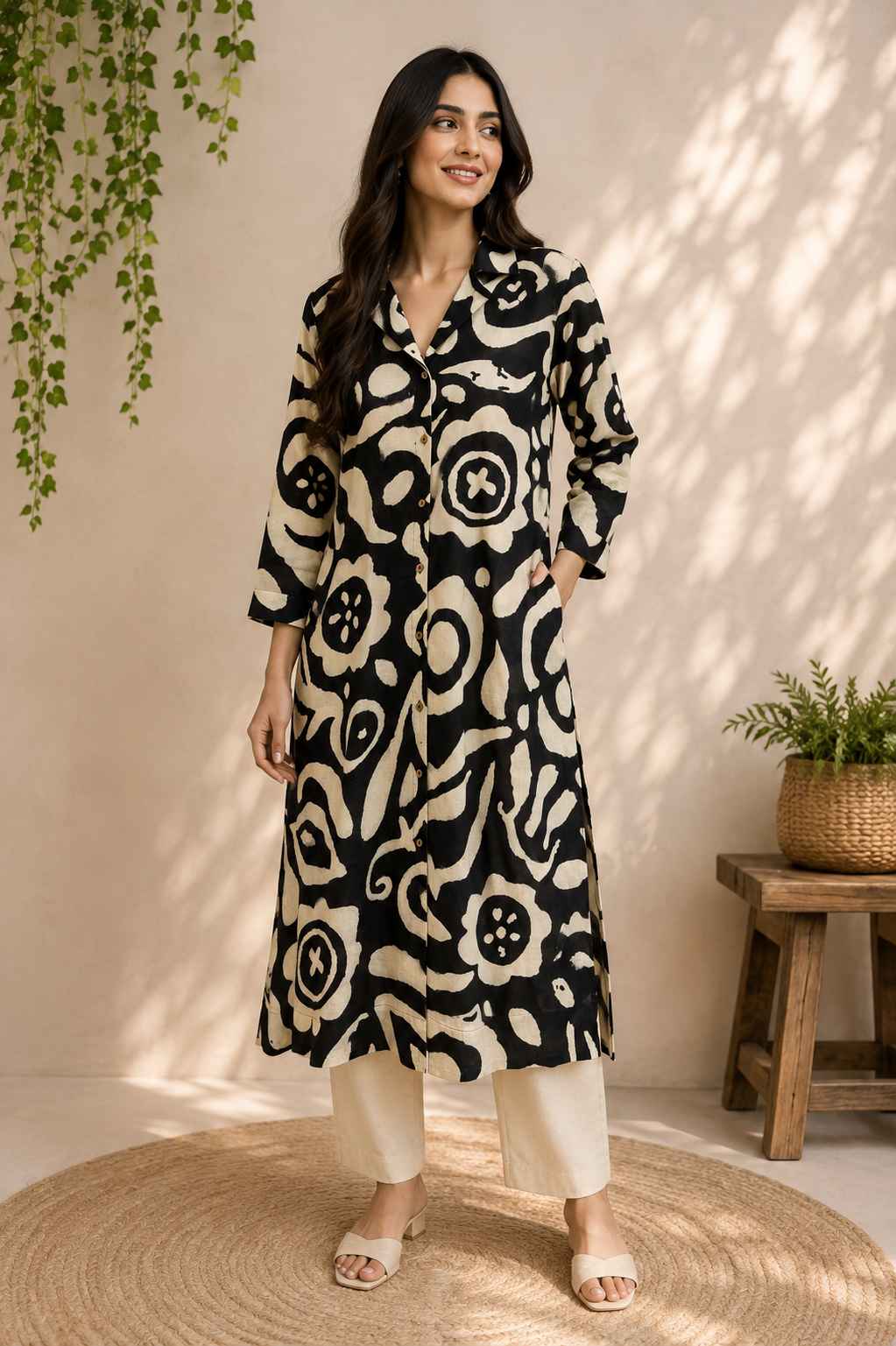 Black & Ivory Abstract Print Cotton Kurta