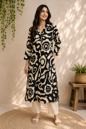 Black & Ivory Abstract Print Cotton Kurta