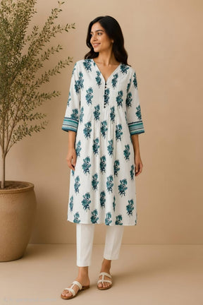 Teal Lily Print Pintuck Cotton Kurta