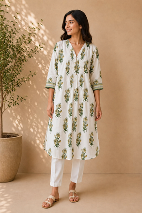 Ivory Lily Print Pintuck Cotton Kurta
