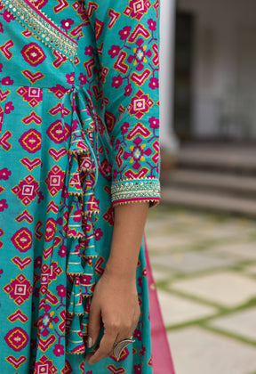 Patola Turquoise Anarkali Long dress with organza dupatta