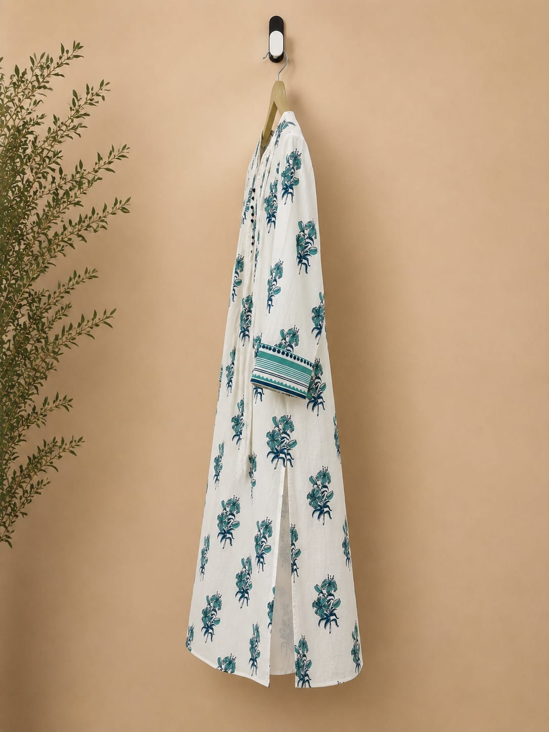 Teal Lily Print Pintuck Cotton Kurta