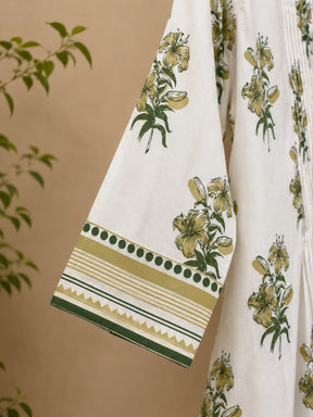 Ivory Lily Print Pintuck Cotton Kurta