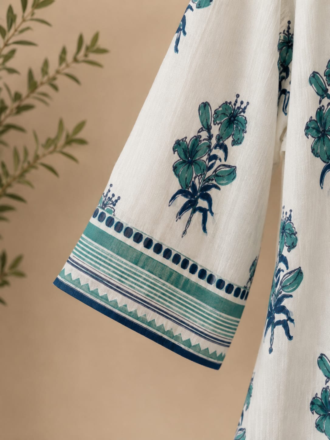 Teal Lily Print Pintuck Cotton Kurta