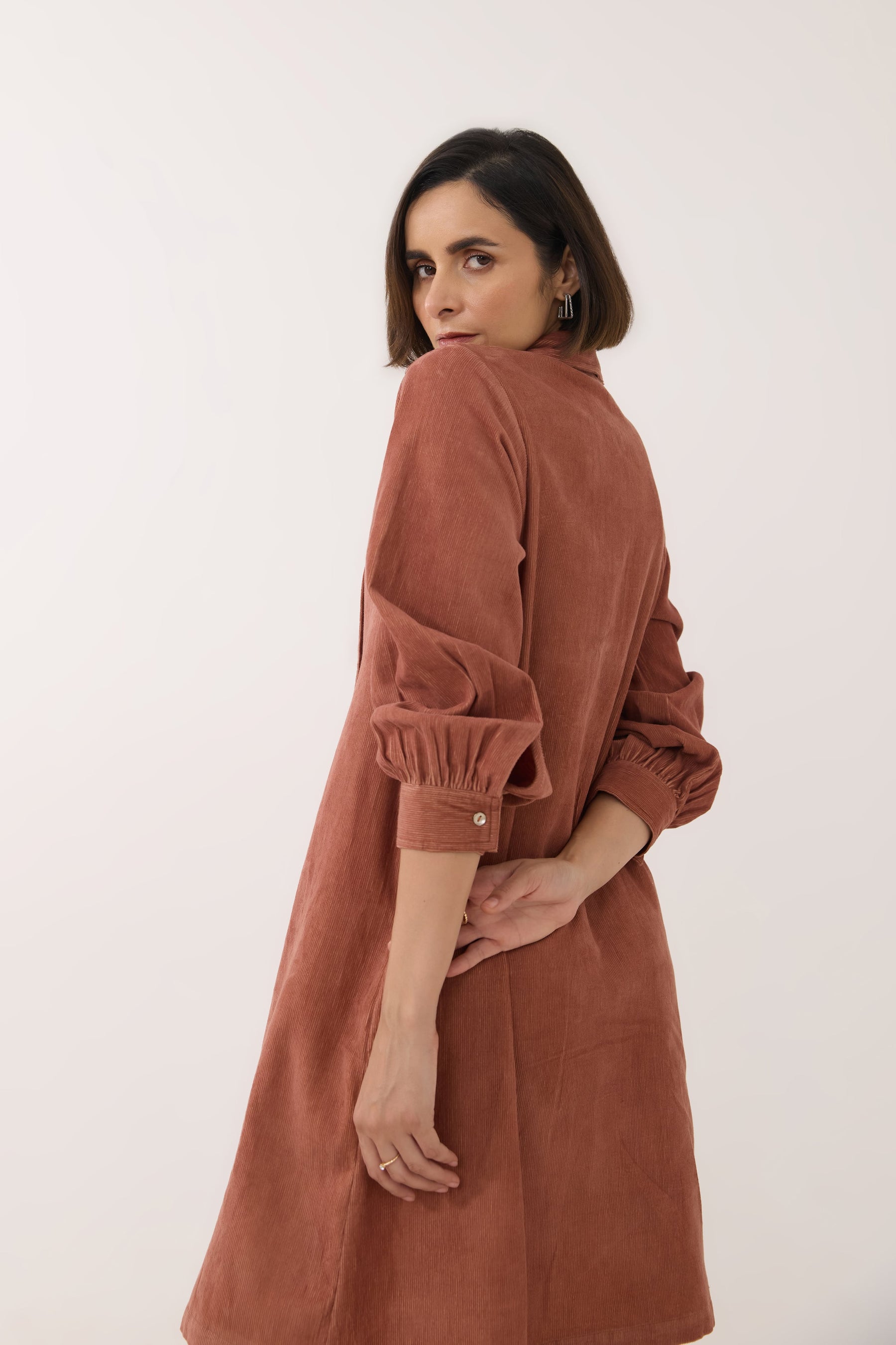 Rustic Brown Corduroy Shirt Dress