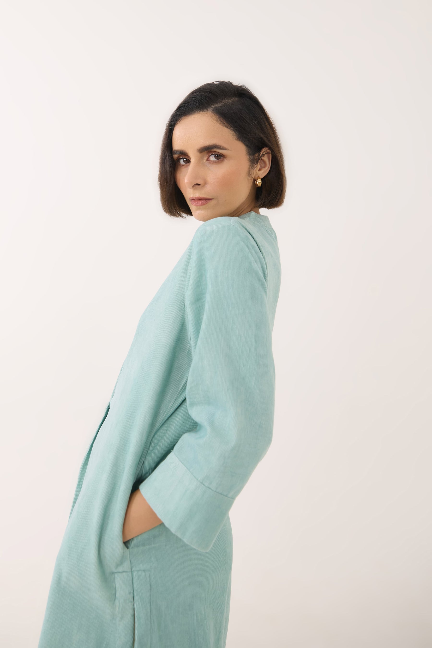 Aqua Blue Corduroy Long Kurta