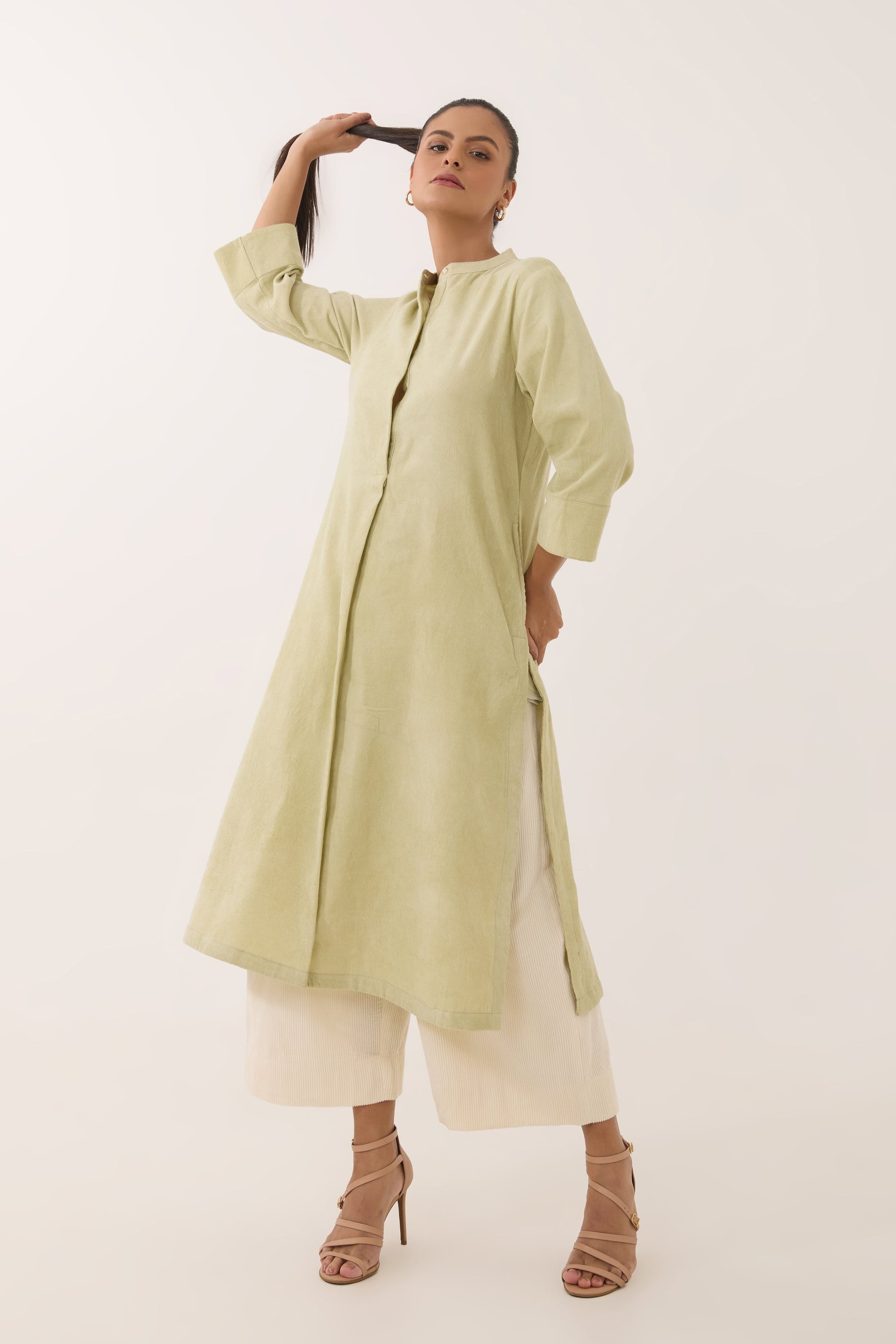 Pistachio Green Corduroy Long Kurta