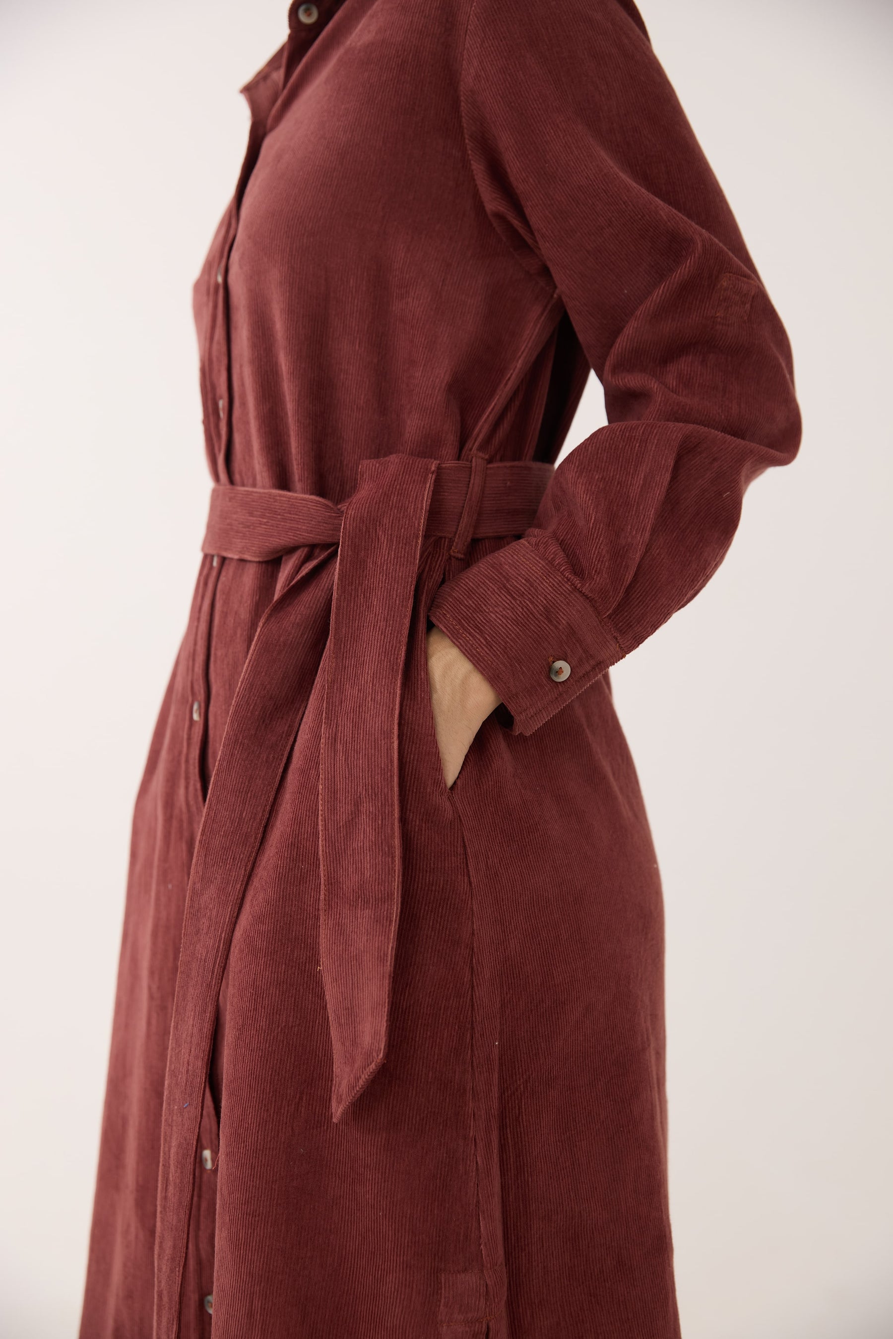 Brown Corduroy Belted Shirt Dress