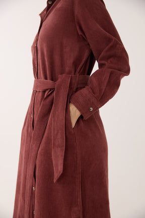 Brown Corduroy Belted Shirt Dress