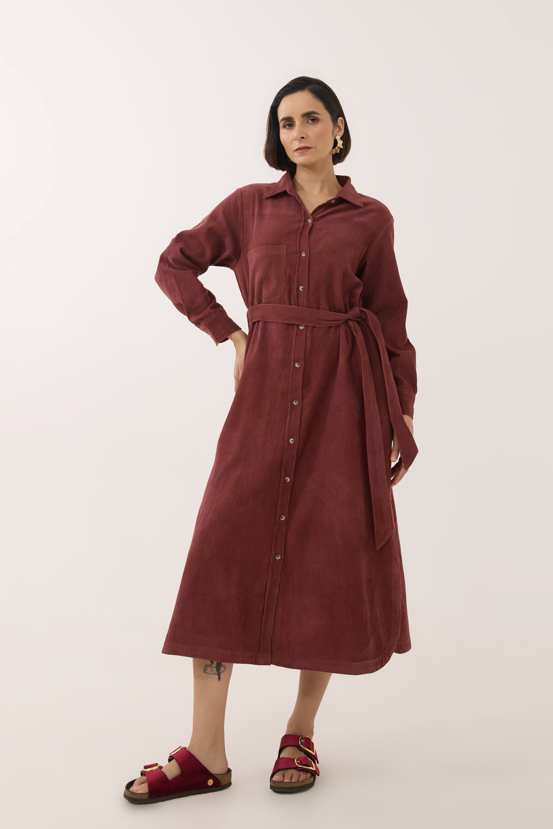 Brown Corduroy Belted Shirt Dress