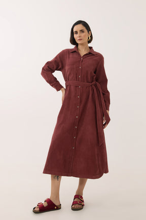 Brown Corduroy Belted Shirt Dress