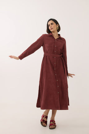 Brown Corduroy Belted Shirt Dress