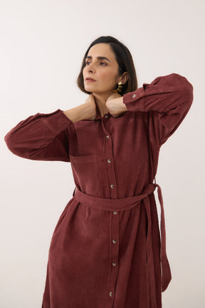 Brown Corduroy Belted Shirt Dress