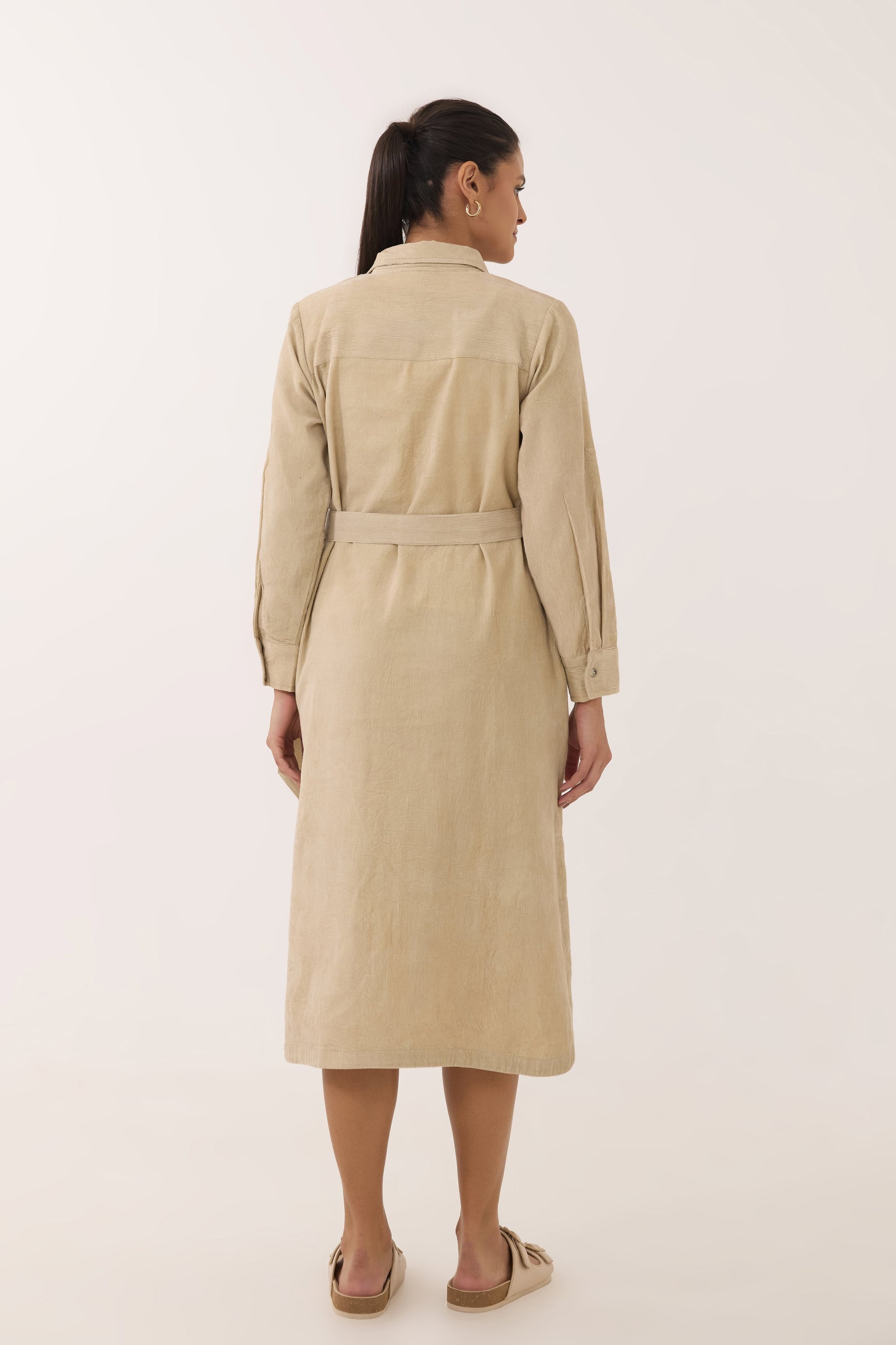 Sand Beige Corduroy Belted Shirt Dress