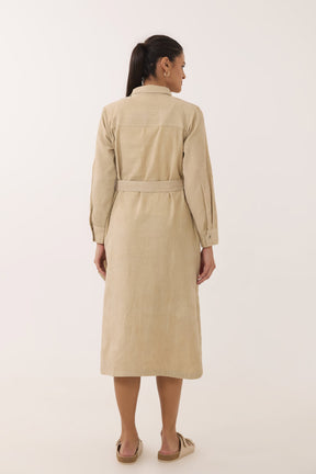 Sand Beige Corduroy Belted Shirt Dress