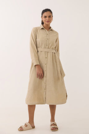 Sand Beige Corduroy Belted Shirt Dress