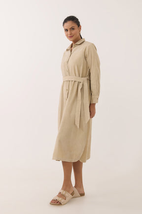 Sand Beige Corduroy Belted Shirt Dress