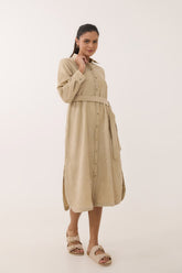 Sand Beige Corduroy Belted Shirt Dress