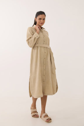 Sand Beige Corduroy Belted Shirt Dress