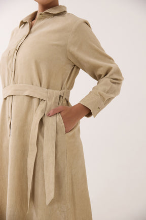 Sand Beige Corduroy Belted Shirt Dress