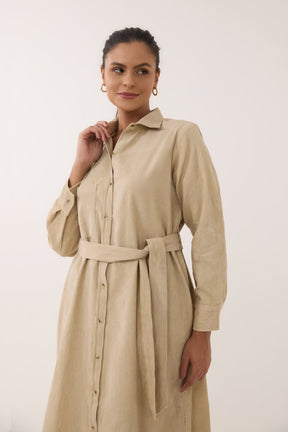 Sand Beige Corduroy Belted Shirt Dress