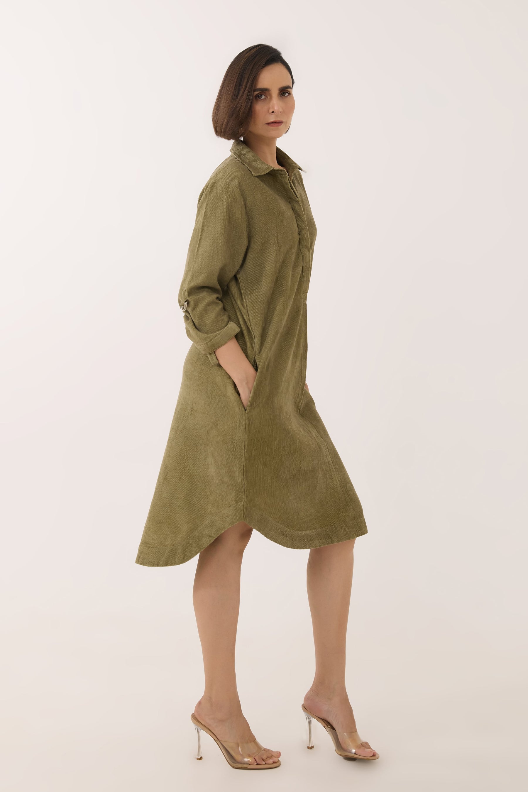 Dusty Green Corduroy Shirt Dress