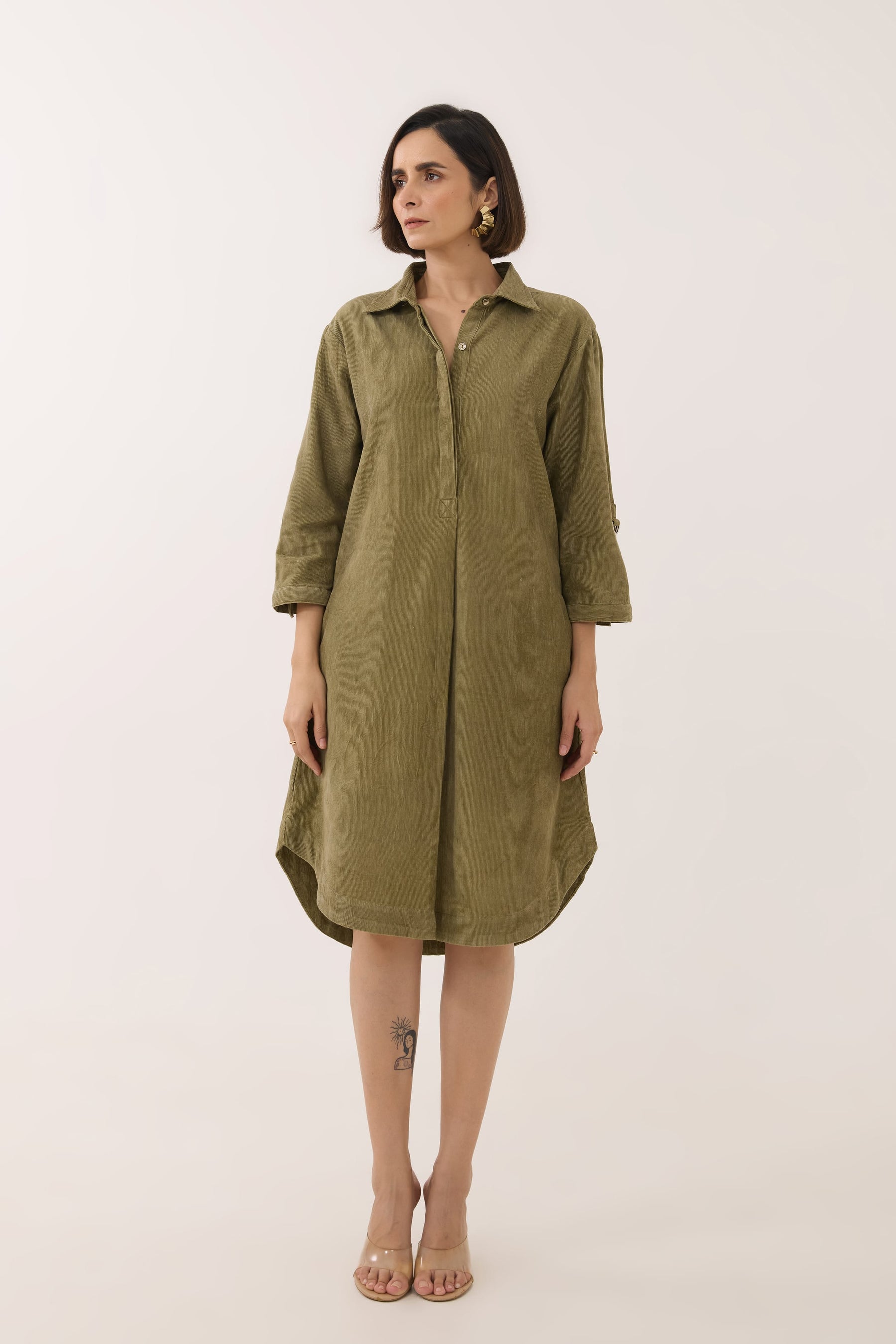 Dusty Green Corduroy Shirt Dress