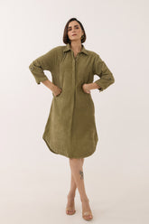 Dusty Green Corduroy Shirt Dress
