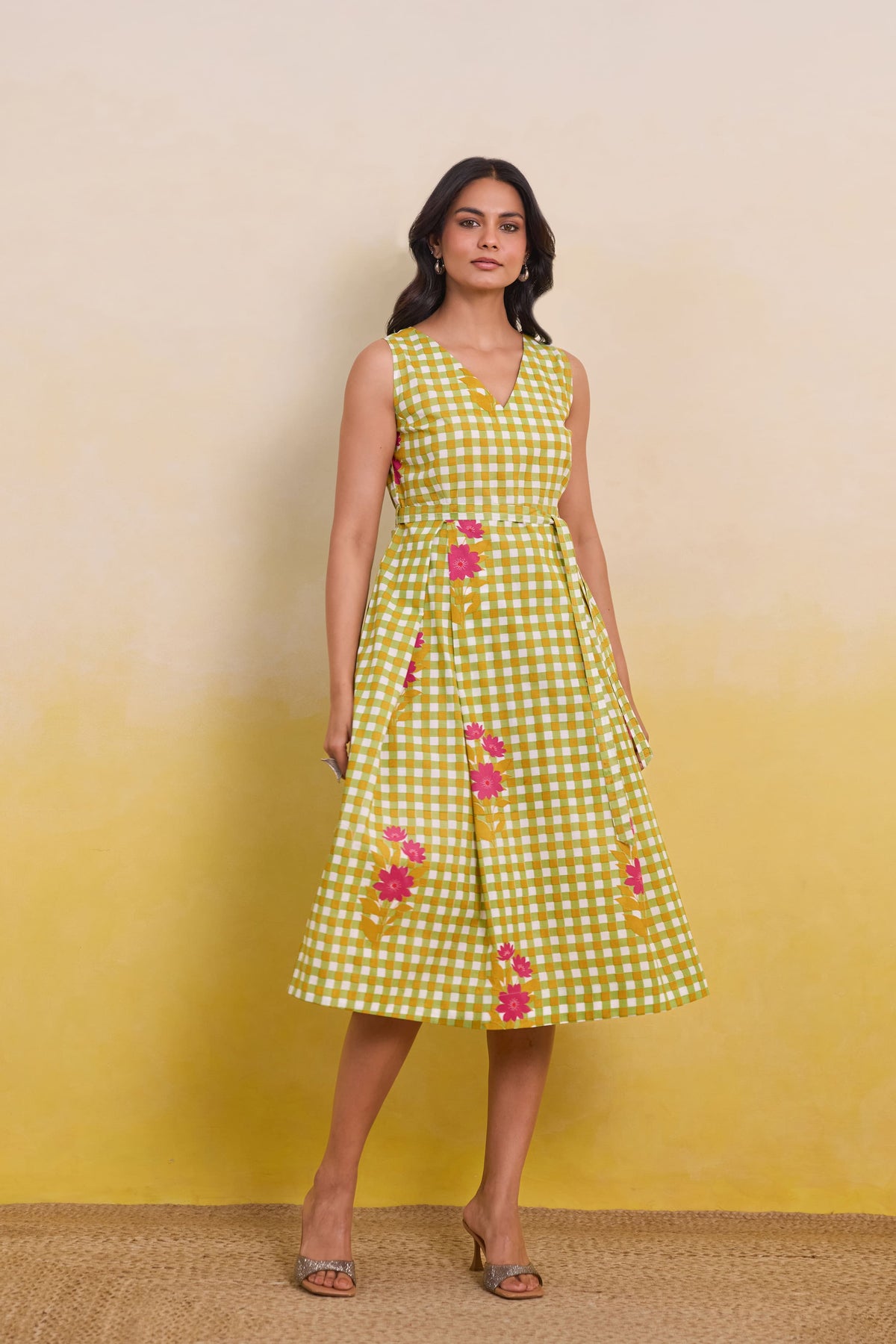 Yellow Gingham Floral Dress