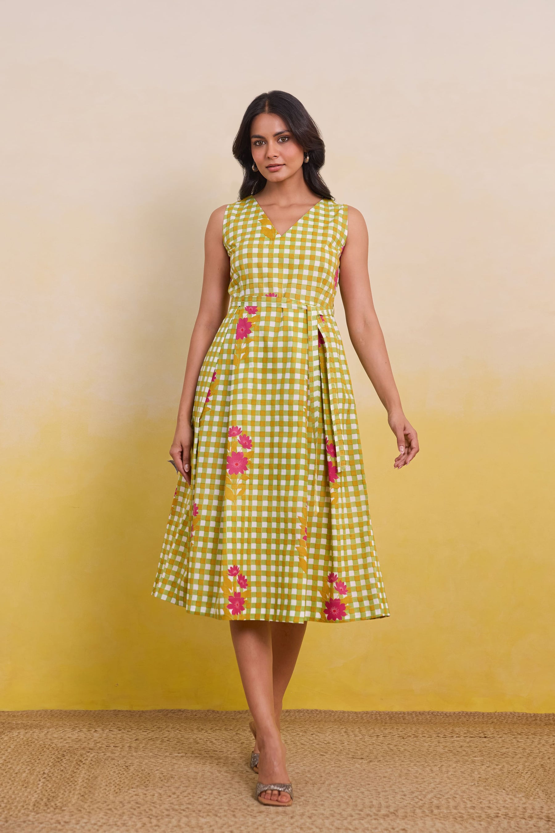 Yellow Gingham Floral Dress