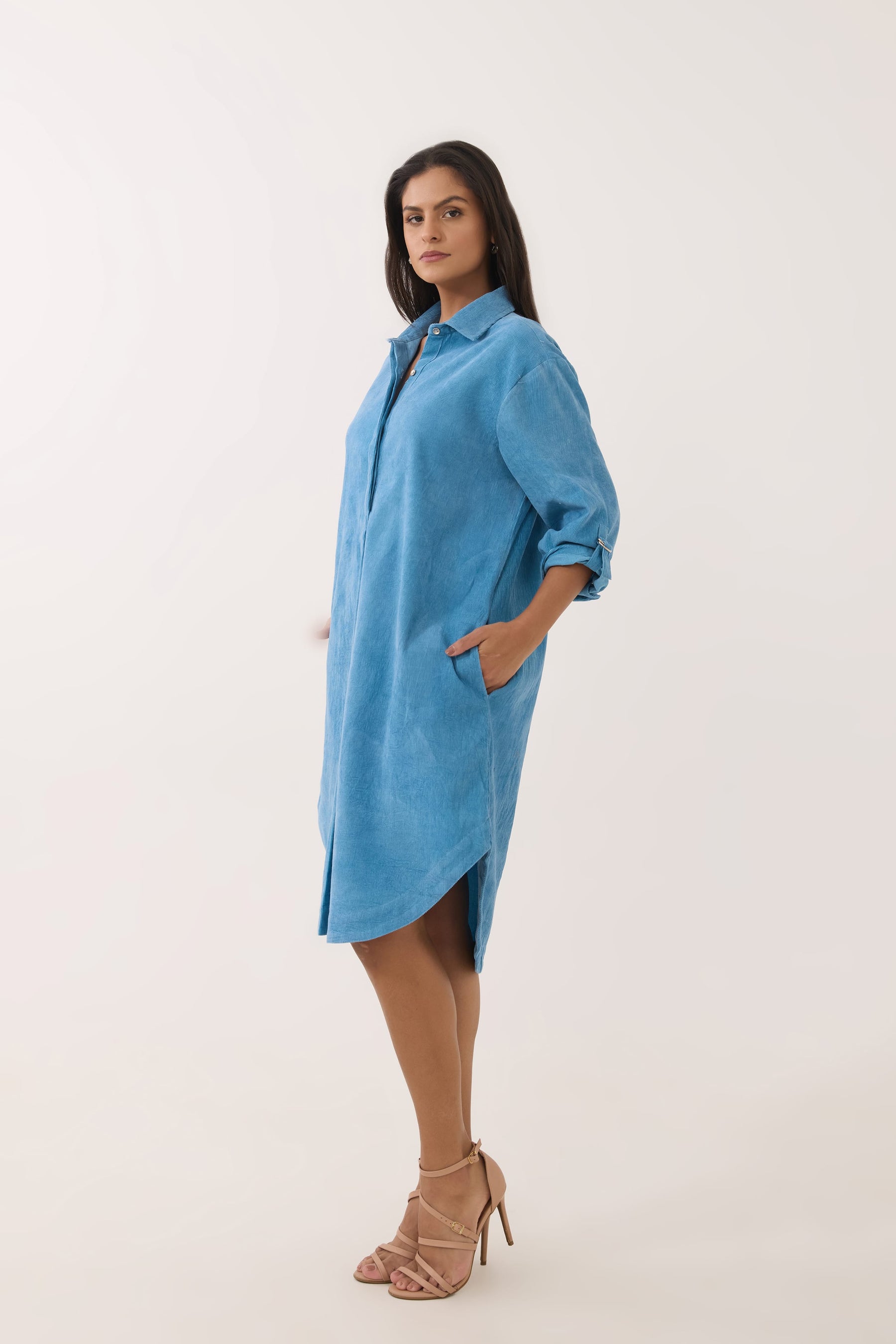 Sky Blue Corduroy Shirt Dress