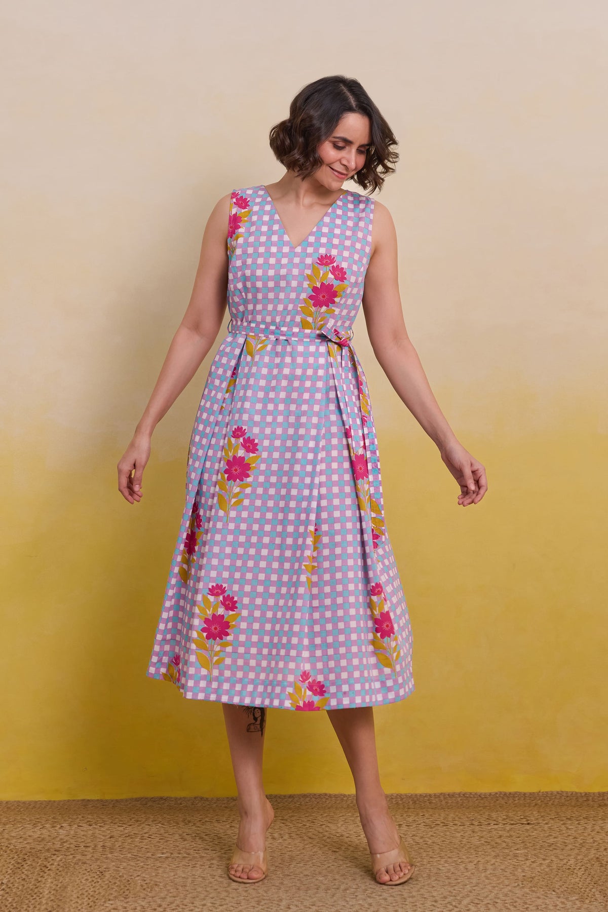 Purple checkered Floral Dress