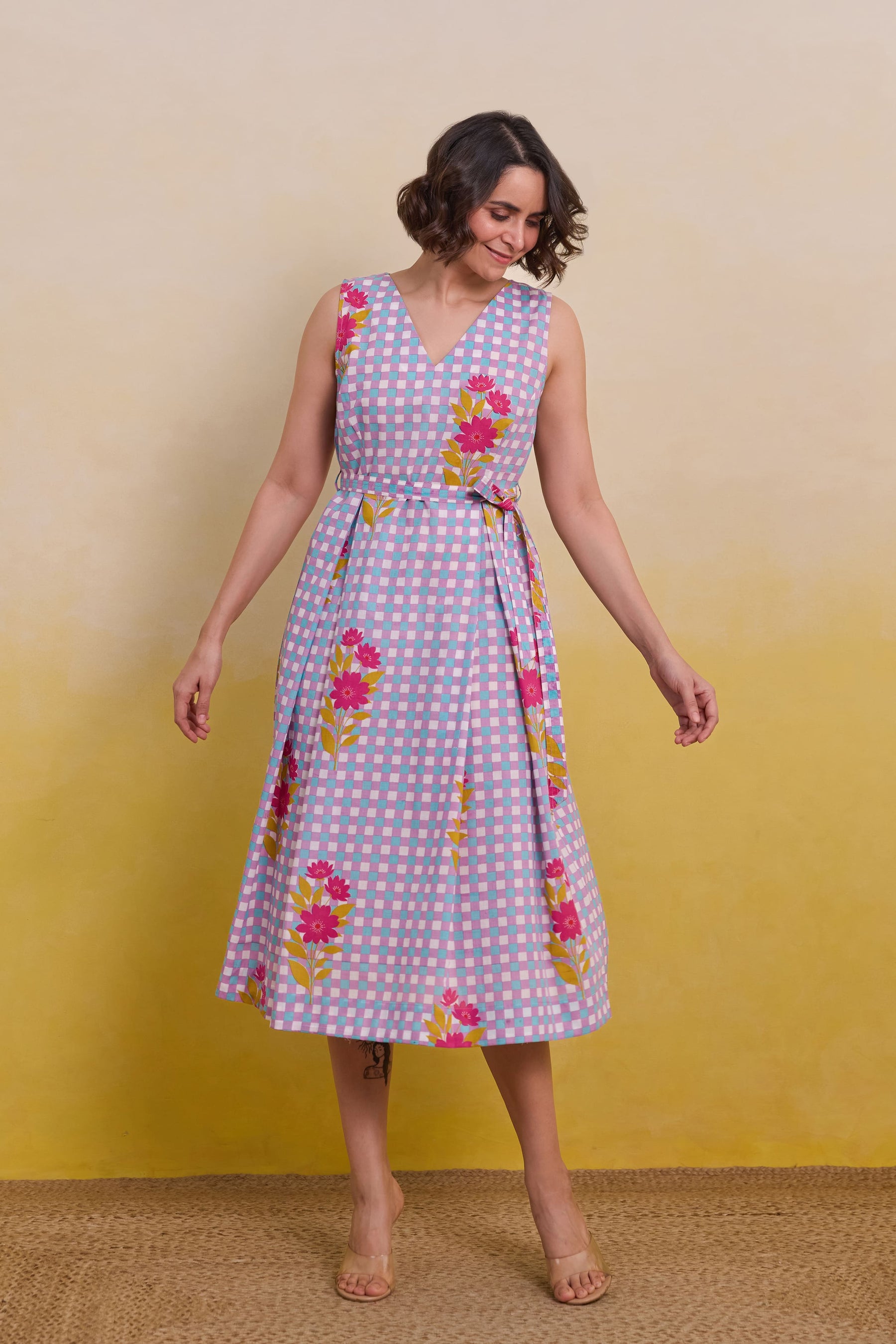 Purple checkered Floral Dress