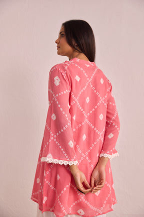 Pink Bandhej Printed Kurta & White Farsi Salwar Co-ord Set