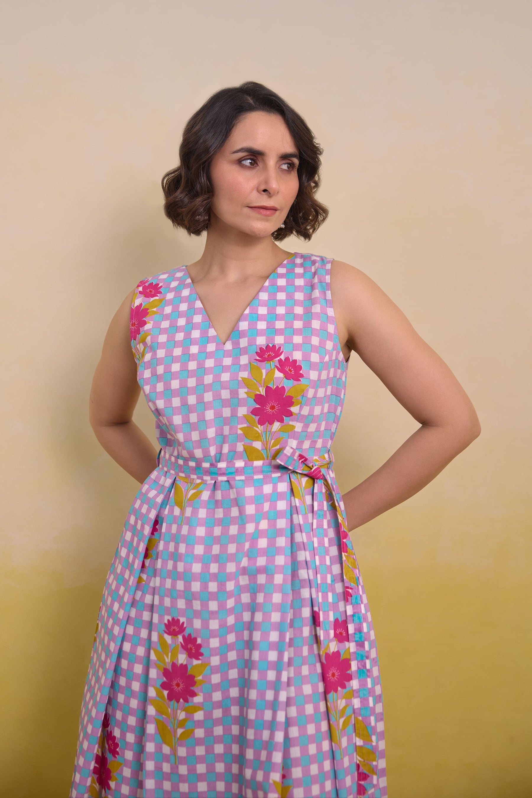 Purple checkered Floral Dress