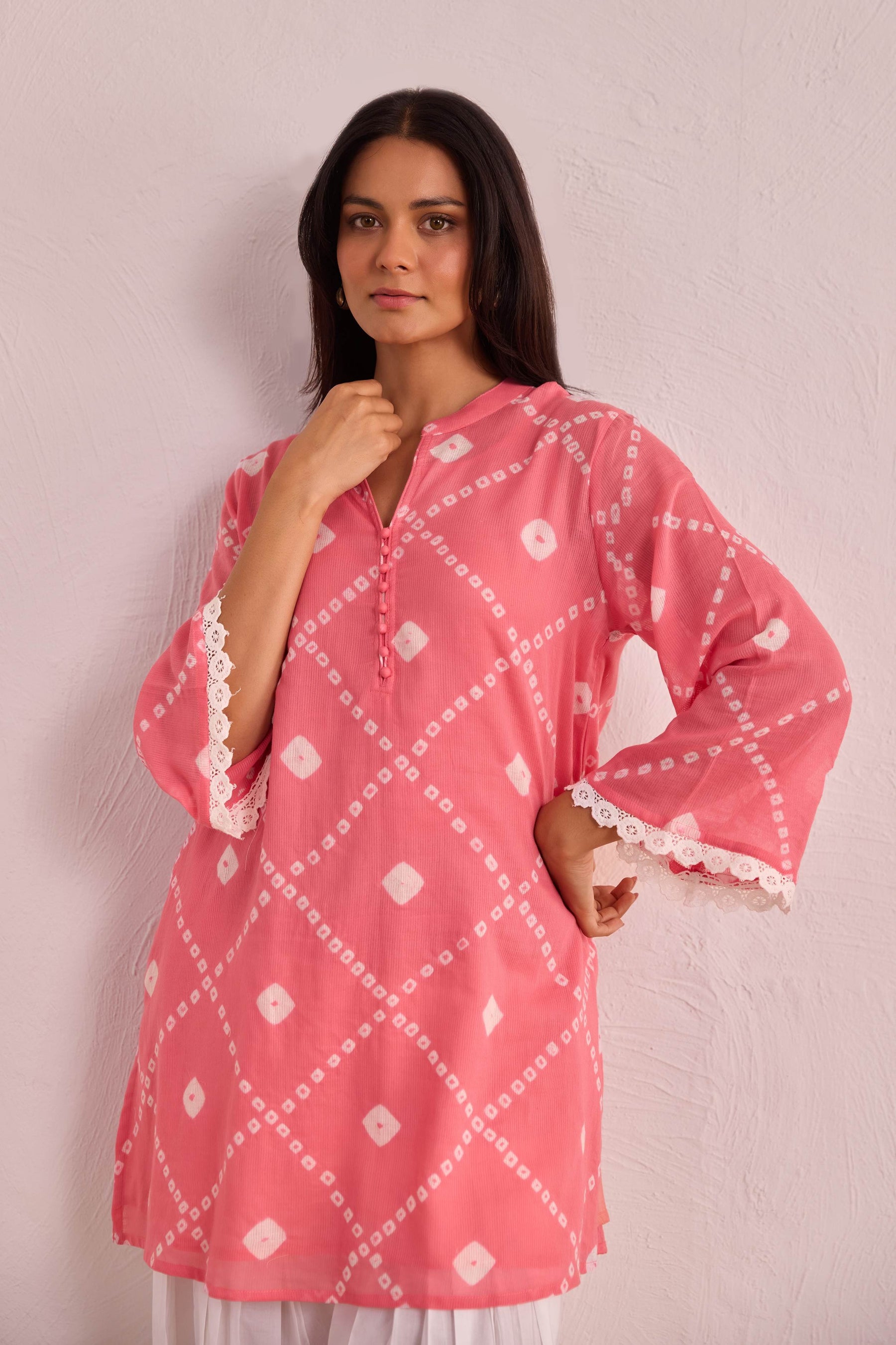 Pink Bandhej Printed Kurta & White Farsi Salwar Co-ord Set