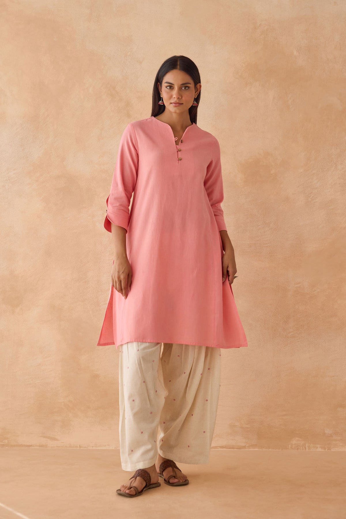 Blush Pink Cotton Kurta with Embroidered Salwar Co-ord Set