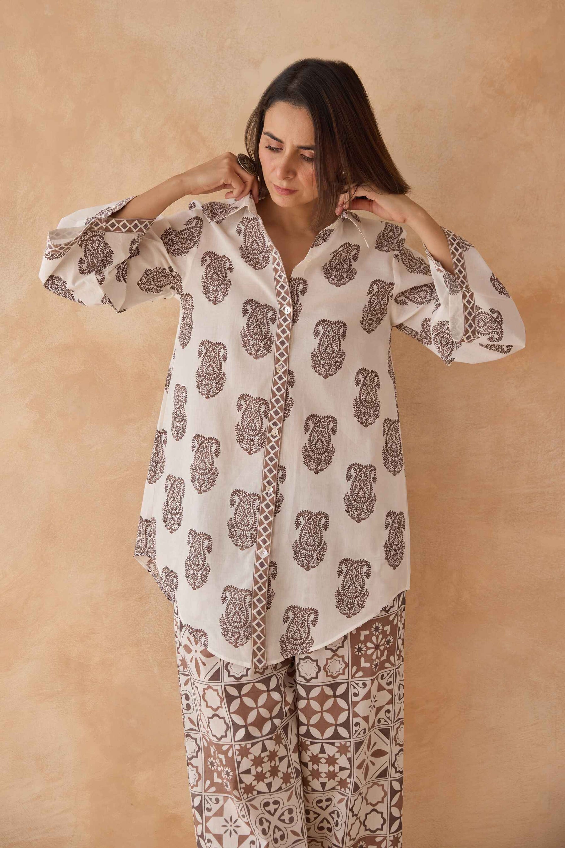 Mocha Paisley & Tile Printed Cotton Co-ord Set