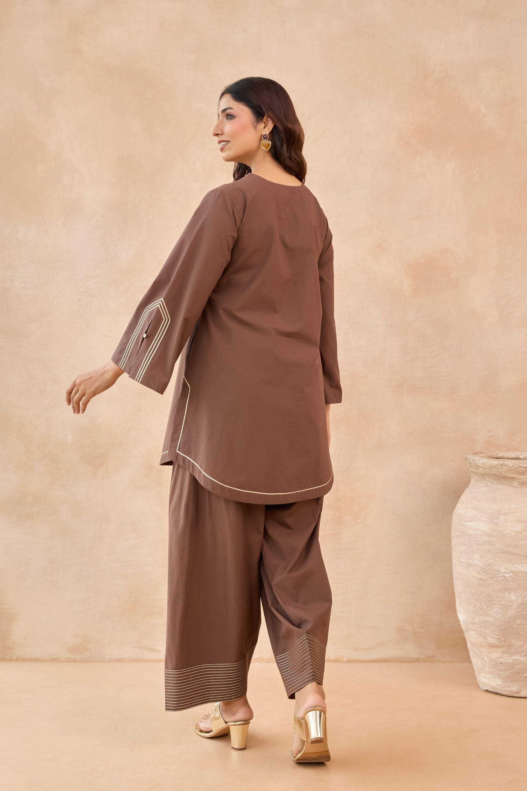 Mocha Brown Gota Piped Farsi Salwar Co-ord Set