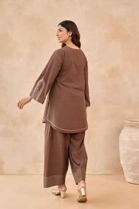 Mocha Brown Gota Piped Farsi Salwar Co-ord Set
